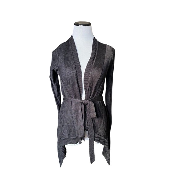 Cache Belted Open Front Waterfall Cardigan Size M Black Lightweight Office Chic - Picture 1 of 8